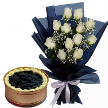 12 White Roses with Blueberry 3 Cheese Can Cake