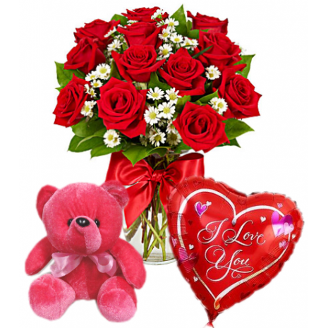 Red Roses Vase,Red Bear with Love U Balloon Delivery To Philippines