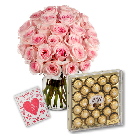Pink Roses Vase with 24pcs Ferrero Chocolate Box Delivery To Philippines