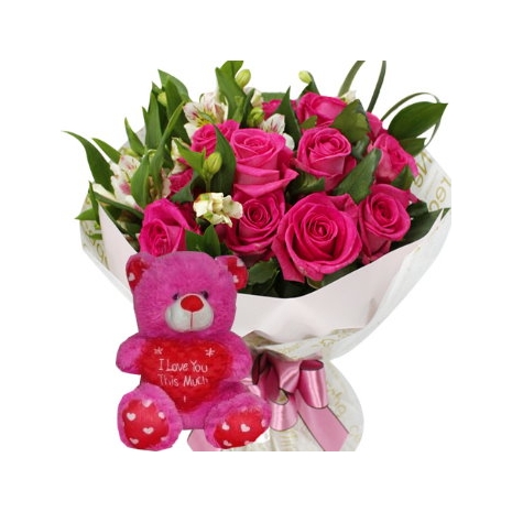 12 Pink Roses Bouquet with Pink Bear To Philippines