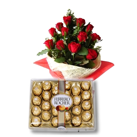 12 Red Roses with 24 pcs Ferrero chocolate To Philippines